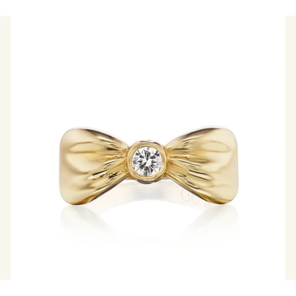Gold Bow‎ Ring with Center CZ Stone – Fashion Statement Ring, Size 10